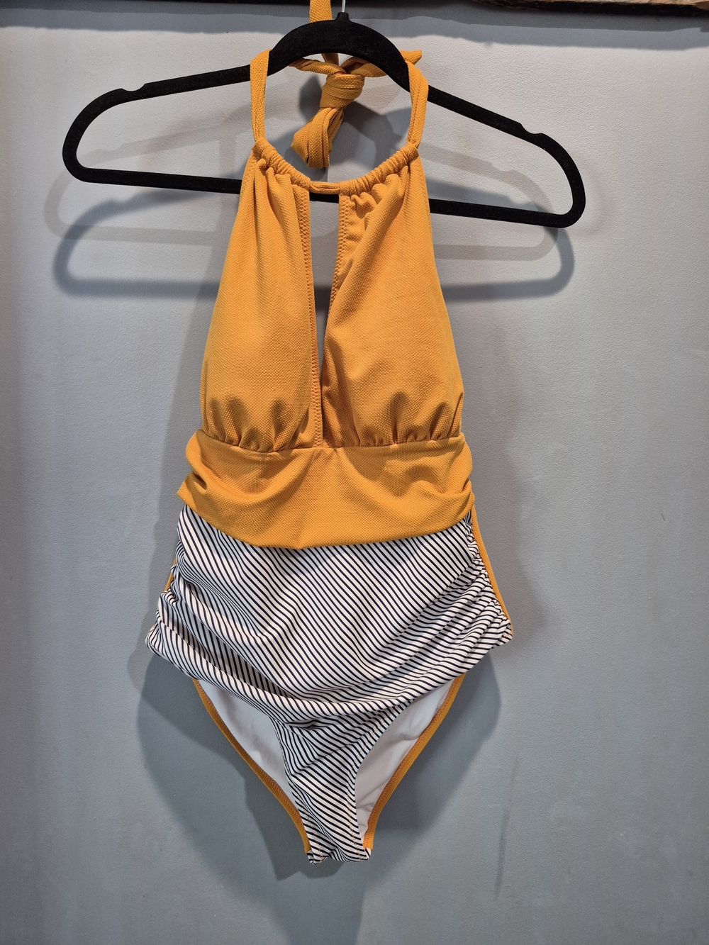 Mustard Halter One Piece Swimsuit With Striped Bottom Cupshe Size M/L
